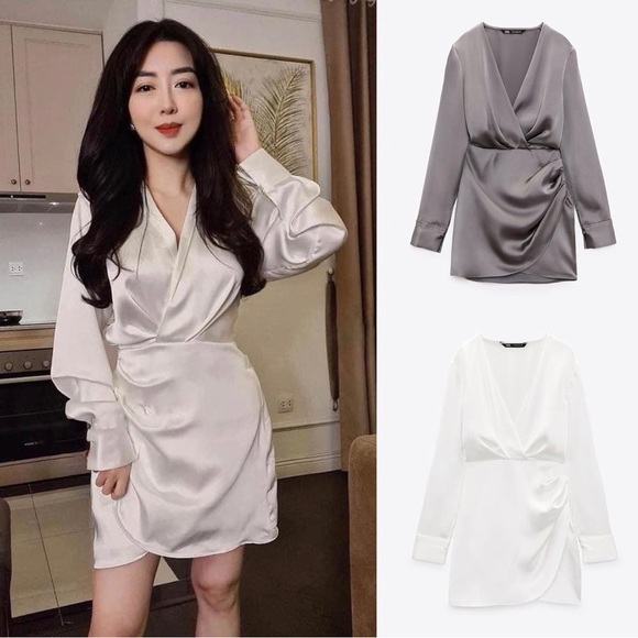 Zara White Wrap Front Satin Effect Dress - Picture 9 of 16